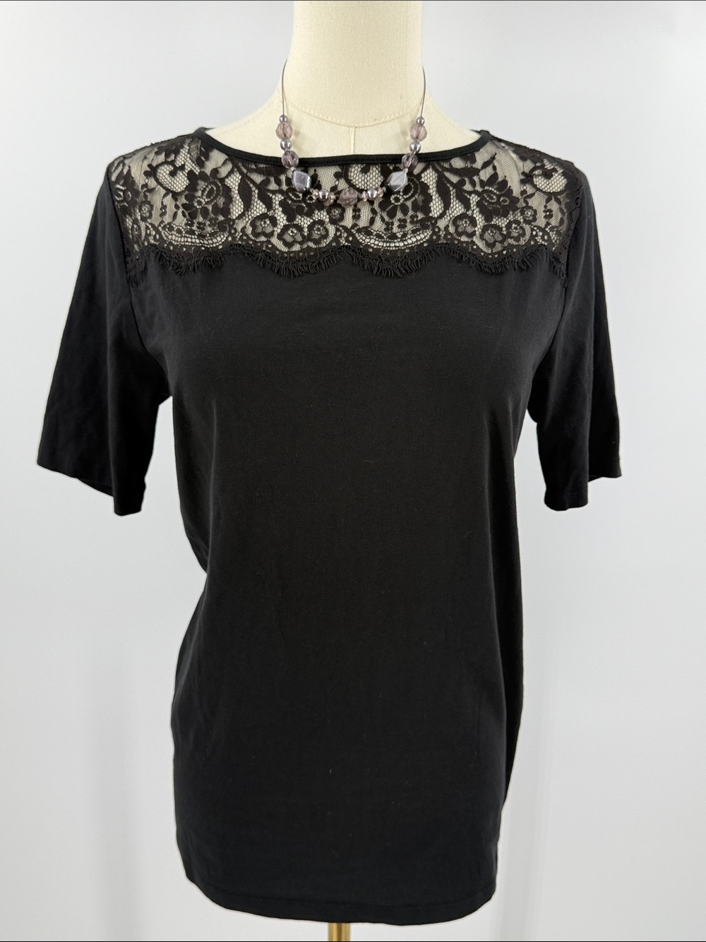 Ann Taylor Black Short Sleeve Lace Yoke Tee